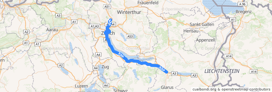 Mapa del recorrido S2: Zürich Flughafen –> Ziegelbrücke de la línea  en Schweiz/Suisse/Svizzera/Svizra.