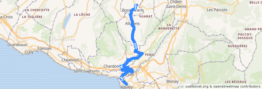 Mapa del recorrido Bus 216: Bossonens, gare => Vevey, gare de la línea  en Schweiz/Suisse/Svizzera/Svizra.