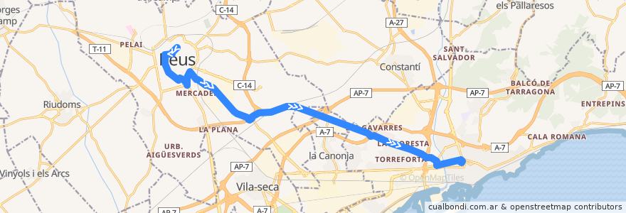 Mapa del recorrido e4: Reus - Tarragona de la línea  en Tarragona.
