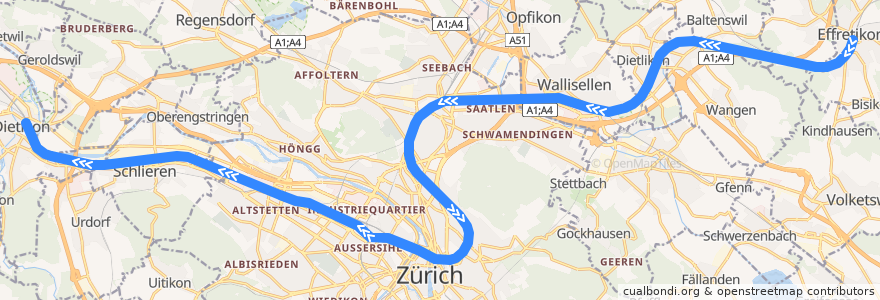 Mapa del recorrido S19: Effretikon –> Dietikon de la línea  en Zurich.