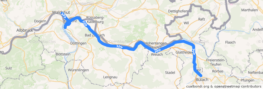 Mapa del recorrido S36: Waldshut –> Bülach de la línea  en İsviçre.