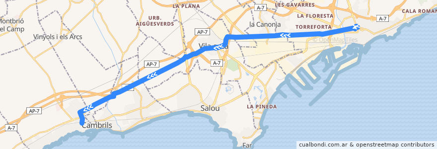 Mapa del recorrido e7: Tarragona - Cambrils de la línea  en Tarragone.