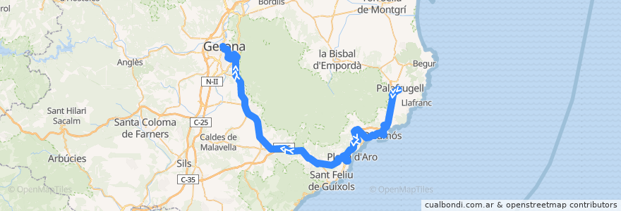 Mapa del recorrido e3: Palafrugell - Palamós - Girona de la línea  en Girona.