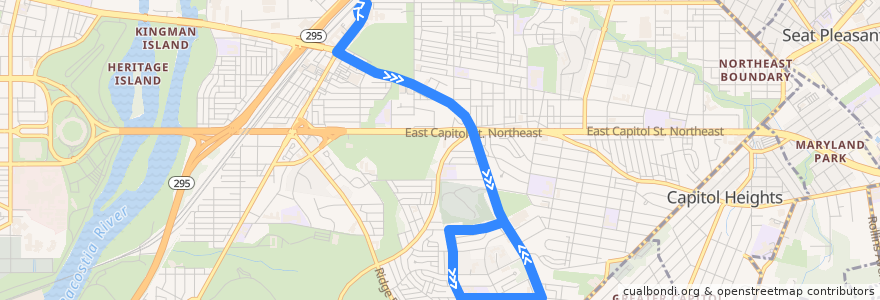 Mapa del recorrido WMATA V8 Benning Heights-Alabama Avenue Line de la línea  en 워싱턴.