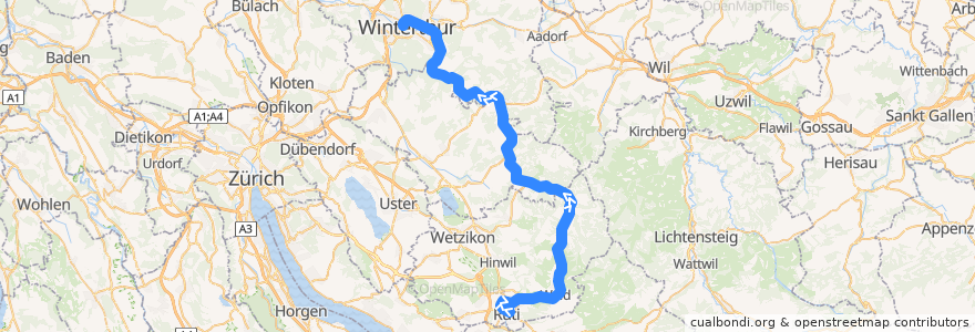 Mapa del recorrido S26: Rüti ZH –> Winterthur de la línea  en 蘇黎世州.