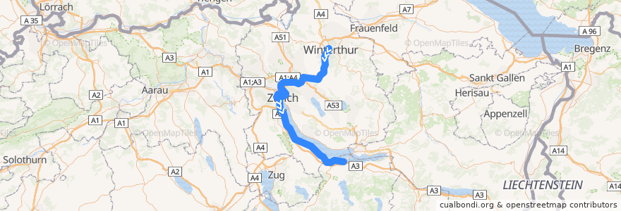 Mapa del recorrido S8: Winterthur –> Pfäffikon SZ de la línea  en Zurigo.