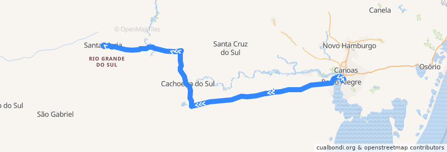 Mapa del recorrido Porto Alegre → Santa Maria via Cachoeira do Sul de la línea  en ريو غراندي دو سول.