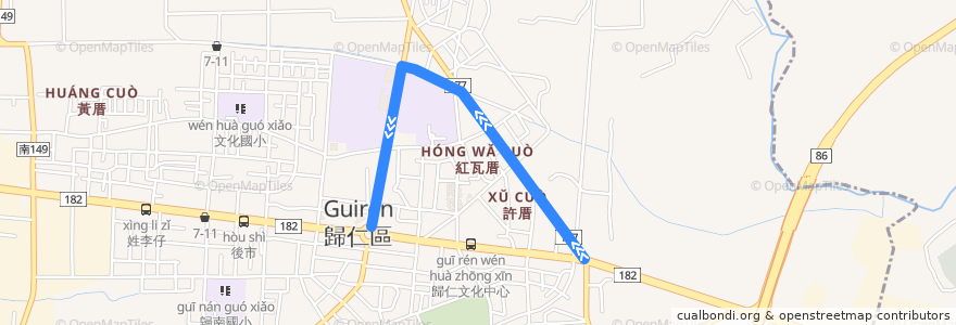 Mapa del recorrido 紅幹線(繞駛新豐高中_返程) de la línea  en 歸仁區.
