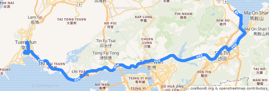Mapa del recorrido 九巴263A線 KMB 263A (香港科學園 Hong Kong Science Park → 屯門站 Tuen Mun Station) de la línea  en 香港 Hong Kong.