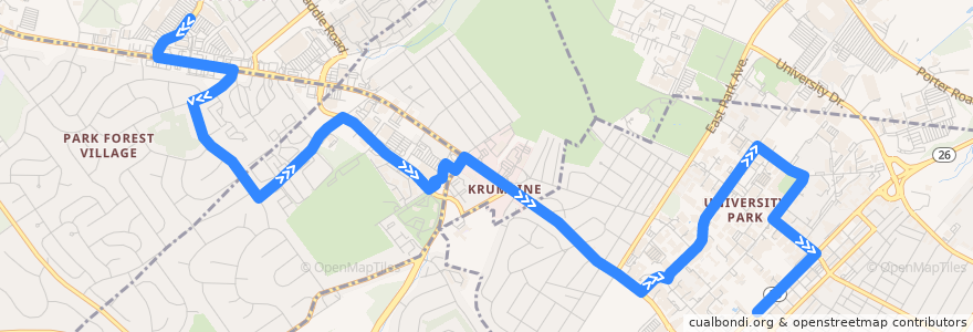 Mapa del recorrido Bus N: The Colonnade -> Aaron Drive -> Martin Street -> Northland Center -> Campus and Downtown de la línea  en Centre County.