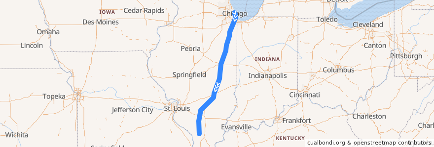 Mapa del recorrido Amtrak Illini/Saluki: Chicago => Carbondale de la línea  en Иллинойс.