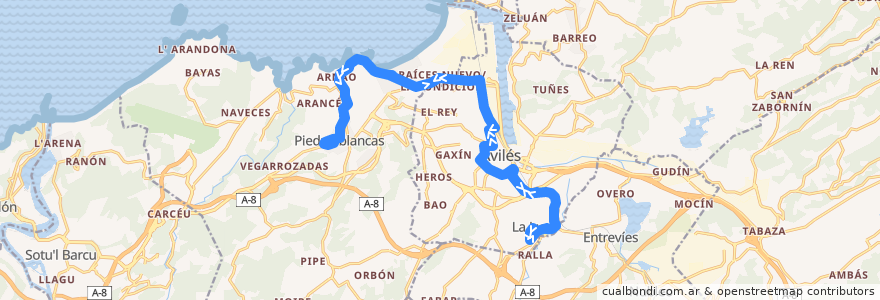 Mapa del recorrido L1-B: La Luz - Avilés - Raíces - Arnao - Piedras Blancas de la línea  en آستوریاس.