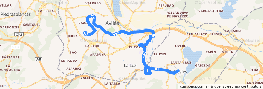 Mapa del recorrido L6-B: Hospital San Agustín - Llaranes - Los Campos de la línea  en Asturien.