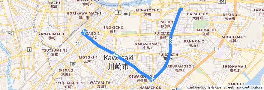 Mapa del recorrido 大師線 川崎駅 => 大師 de la línea  en 川崎區.