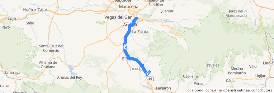 Mapa del recorrido Bus 0360: Nigüelas → Dúrcal → Marchena → El Padul → Alhendín → Granada de la línea  en Granada.
