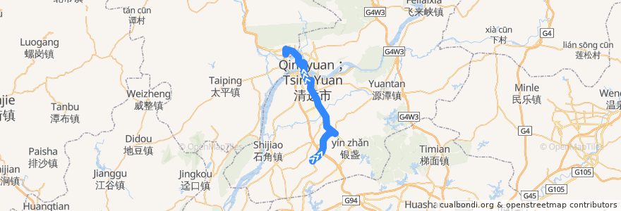 Mapa del recorrido 清远210路公交（北部万科城→城北客运站） de la línea  en Qingcheng.