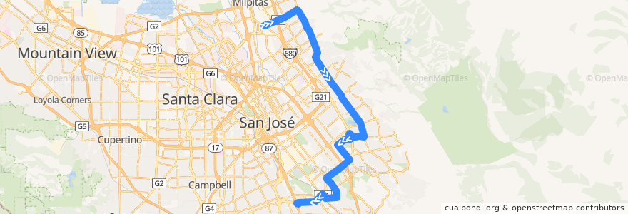 Mapa del recorrido VTA 71: Milpitas BART => Capitol de la línea  en 圣克莱拉县.