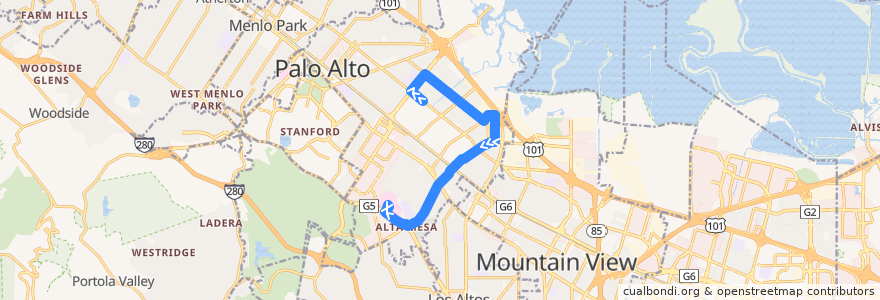 Mapa del recorrido VTA 288: Middlefield & Colorado => VA Hospital Palo Alto de la línea  en Пало-Альто.
