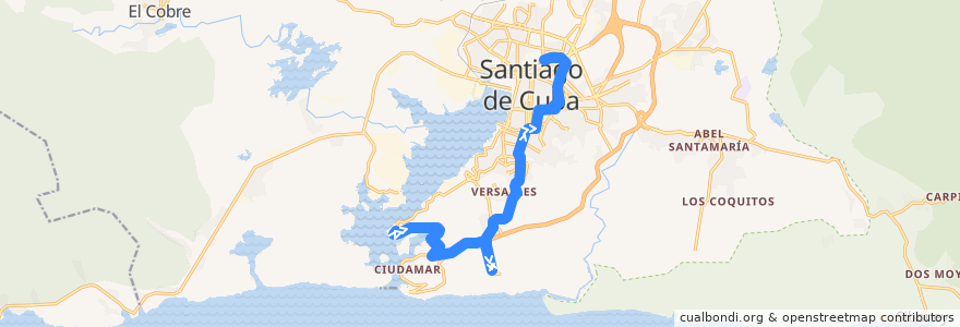 Mapa del recorrido Ruta A7. Punta Gorda->Yarayo de la línea  en Ciudad de Santiago de Cuba.
