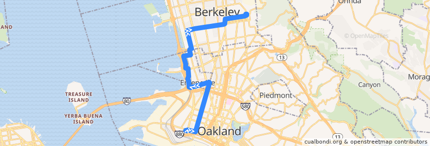Mapa del recorrido AC Transit 36: West Oakland BART => U.C. Campus de la línea  en مقاطعة ألاميدا (كاليفورنيا).