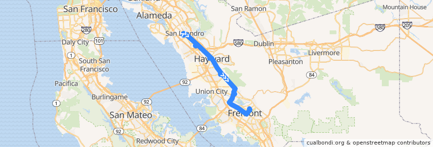 Mapa del recorrido AC Transit 801: San Leandro BART => Fremont BART de la línea  en 阿拉梅达县/阿拉米達縣/阿拉米達郡.