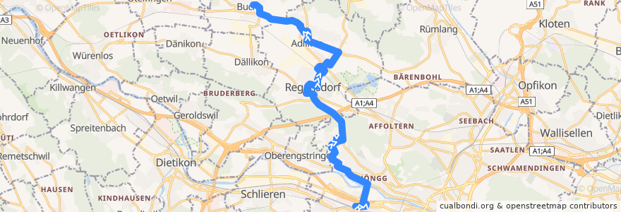 Mapa del recorrido Bus 485: Zürich, Bahnhof Altstetten Nord => Buchs ZH, Linde de la línea  en Zürich.