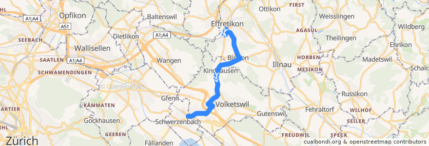 Mapa del recorrido Bus 720: Effretikon, Bahnhof -> Schwerzenbach, Bahnhof (Weg A) de la línea  en زوریخ.