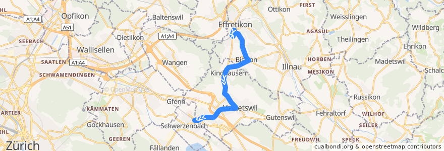 Mapa del recorrido Bus 720: Effretikon, Bahnhof -> Schwerzenbach, Bahnhof (Hauptweg) de la línea  en Zürich.