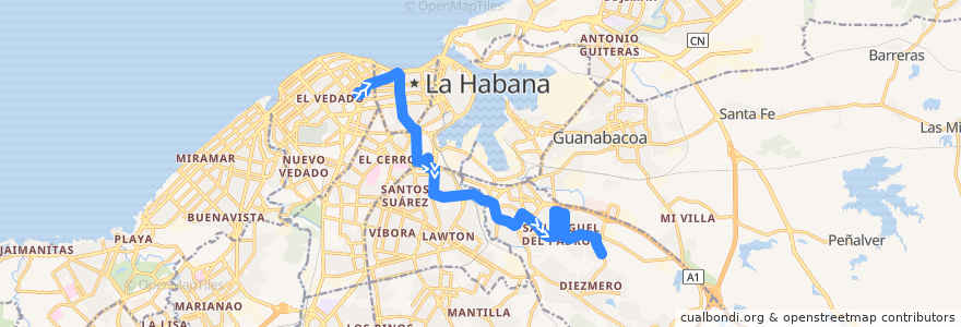 Mapa del recorrido Ruta A2 P.Calixto García - Czda San Miguel - Diezmero de la línea  en La Habana.