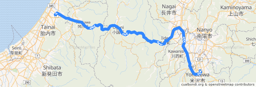 Mapa del recorrido JR米坂線（下り） de la línea  en Japan.
