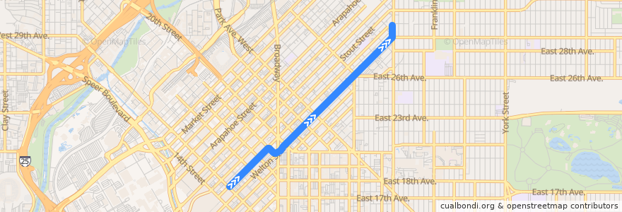 Mapa del recorrido RTD L Line → 30th & Downing de la línea  en 丹佛.