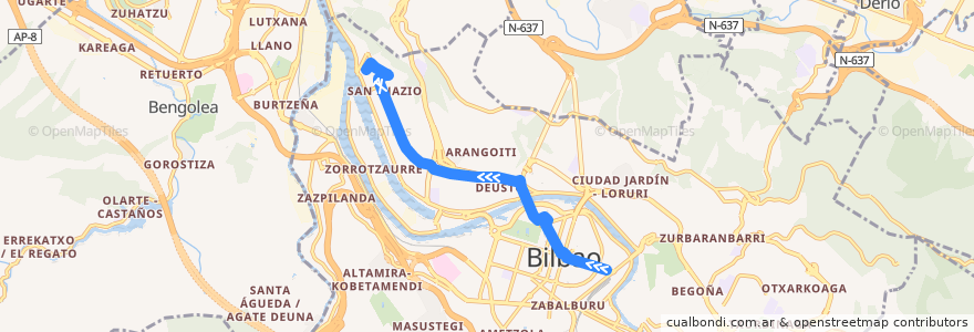 Mapa del recorrido 10 Plaza Biribila → Elorrieta de la línea  en Bilbao.