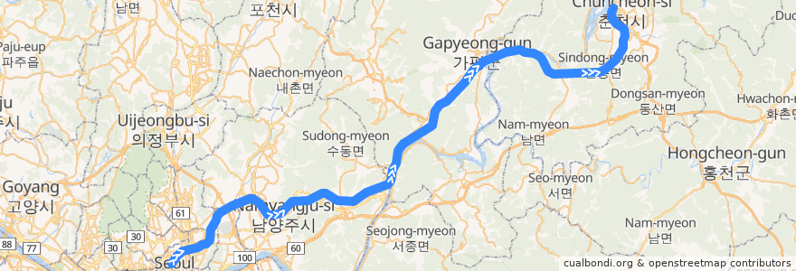 Mapa del recorrido 수도권 전철 경춘선: 청량리 → 춘천 de la línea  en Güney Kore.