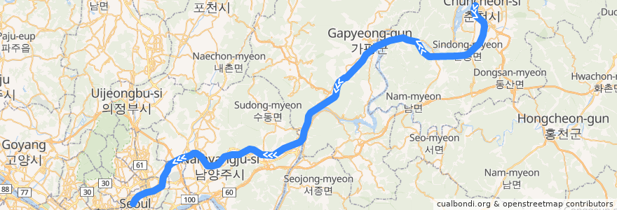 Mapa del recorrido 수도권 전철 경춘선: 춘천 → 청량리 de la línea  en 大韓民国.