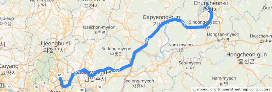 Mapa del recorrido 수도권 전철 경춘선: 춘천 → 광운대 de la línea  en Corée du Sud.