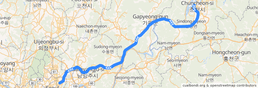 Mapa del recorrido 수도권 전철 경춘선: 춘천 → 상봉 de la línea  en کره جنوبی.