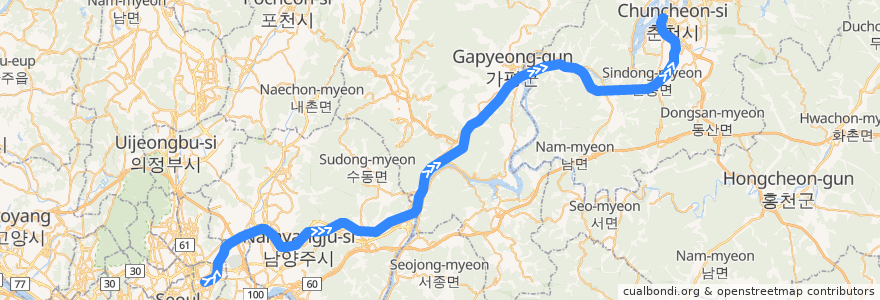 Mapa del recorrido 수도권 전철 경춘선: 상봉 → 춘천 de la línea  en Korea Selatan.