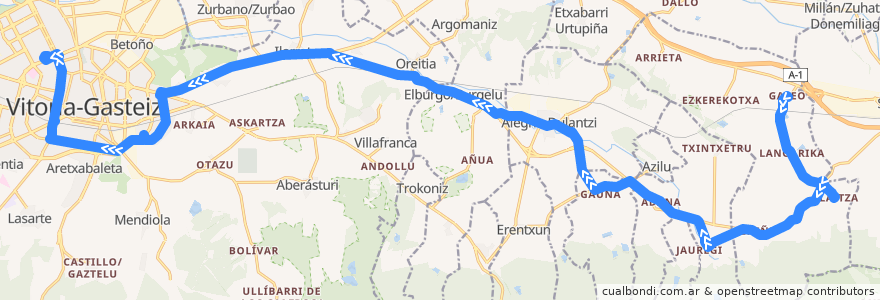 Mapa del recorrido A5 Gazeo → Alegría-Dulantzi → Elburgo/Burgelu → Universidad → Vitoria-Gasteiz de la línea  en Araba/Álava.