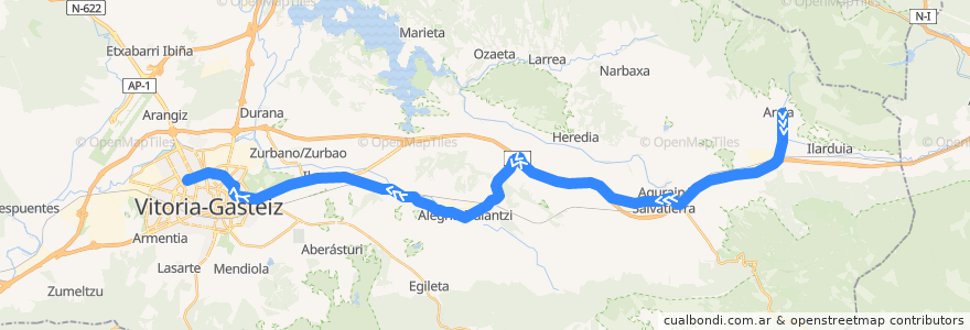 Mapa del recorrido A5 Araia → Alegría-Dulantzi → Vitoria-Gasteiz de la línea  en 阿拉瓦.