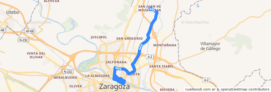 Mapa del recorrido Bus 102: San Juan de Mozarrifar => Zaragoza (por Avenida Cataluña) de la línea  en Zaragoza.