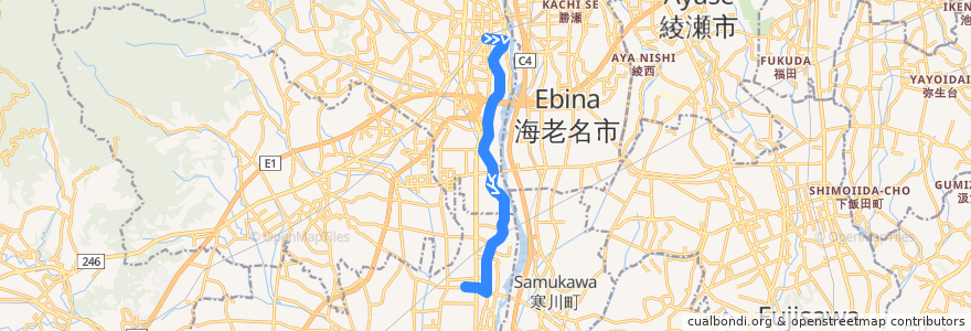Mapa del recorrido 厚木55系統 de la línea  en Kanagawa Prefecture.