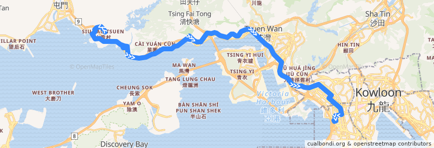Mapa del recorrido 九巴52X線 KMB 52X (掃管笏 So Kwun Wat → 旺角（柏景灣） Mong Kok (Park Avenue)) de la línea  en 香港 Hong Kong.