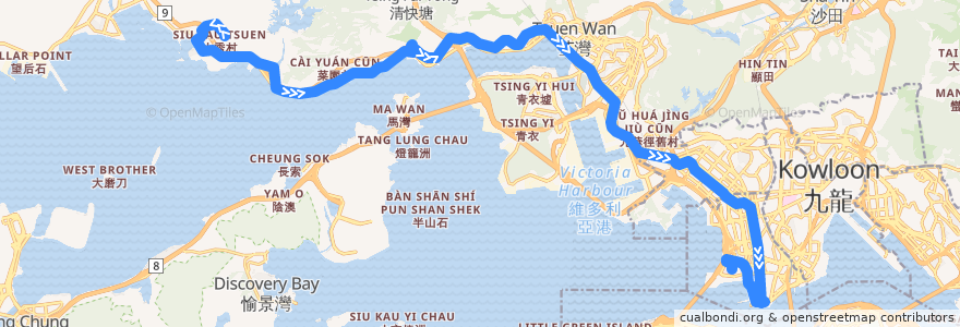 Mapa del recorrido 九巴261B線 KMB 261B (掃管笏 So Kwun Wat → 九龍站 Kowloon Station) de la línea  en 香港 Hong Kong.
