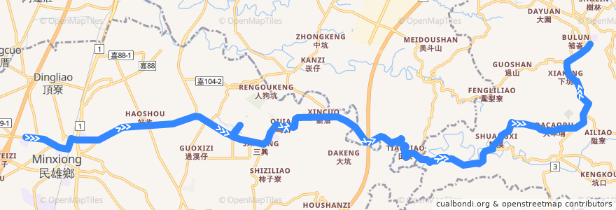 Mapa del recorrido 公路客運 7306: 民雄→梅山(返程) de la línea  en 嘉義県.
