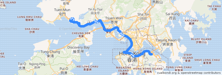 Mapa del recorrido 過海隧巴962E線 Cross-harbour Bus 962E (掃管笏 So Kwun Fat​ → 鰂魚涌 Quarry Bay) de la línea  en 홍콩.