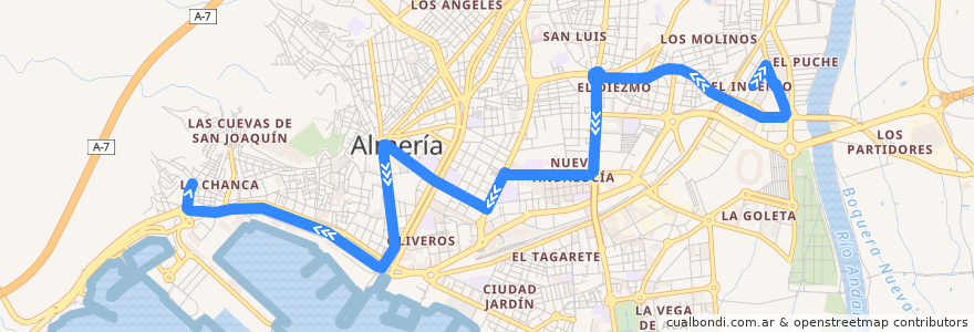 Mapa del recorrido L6: El Puche - Pescadería de la línea  en Almeria.