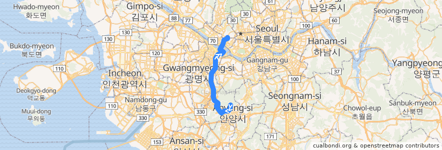 Mapa del recorrido 서울 버스 5713 (신촌기차역 방면) de la línea  en كوريا الجنوبية.