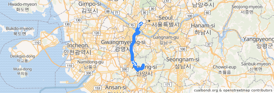 Mapa del recorrido 서울 버스 5713 (비산동 방면) de la línea  en South Korea.