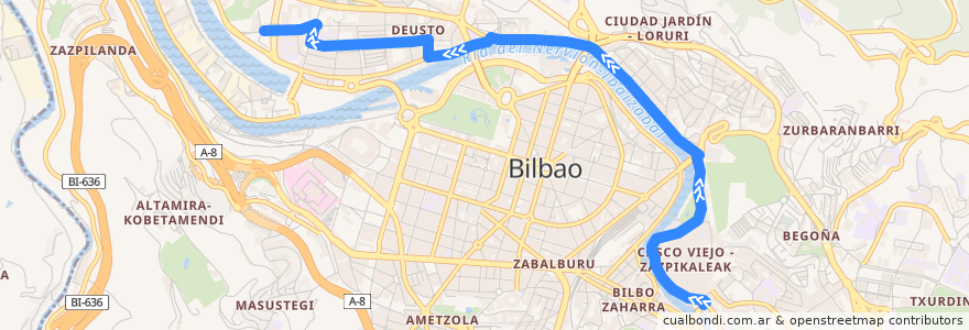 Mapa del recorrido 11 Atxuri → Deustu de la línea  en 毕尔巴鄂.