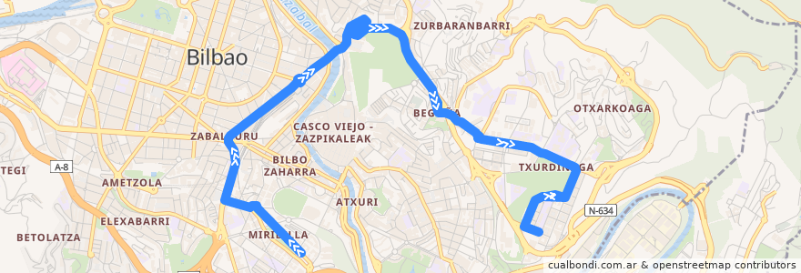 Mapa del recorrido 30 Miribilla → Txurdinaga de la línea  en 毕尔巴鄂.